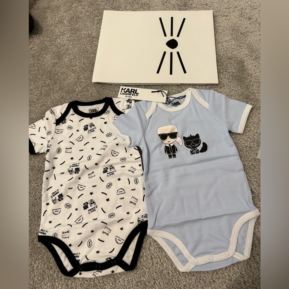Karl Lagerfeld baby boy cat Bodysuit gift Set - Black, White, and Light Blue